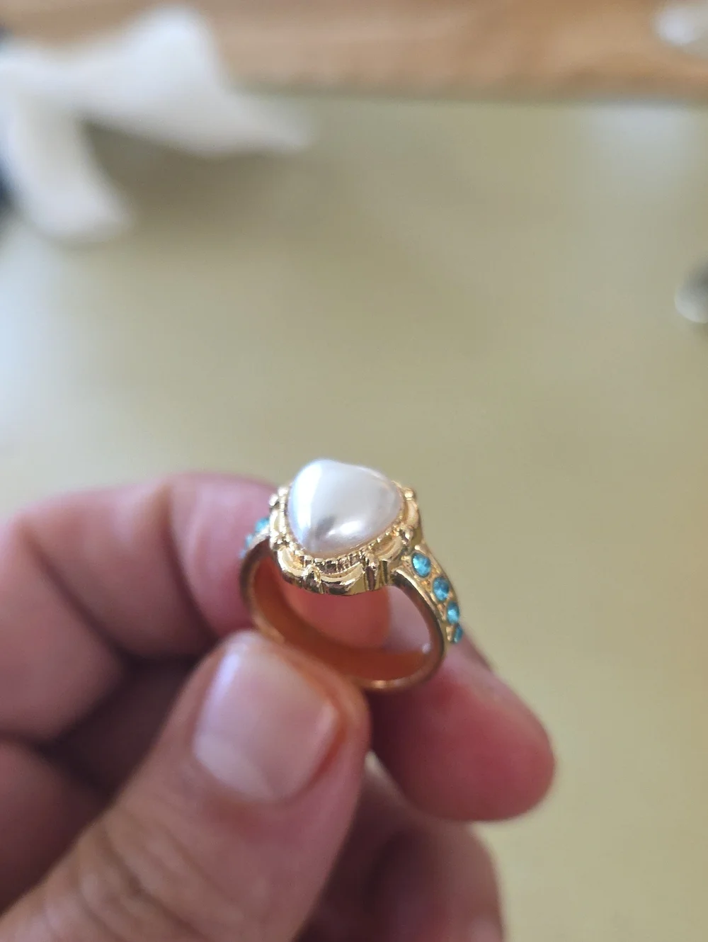 Gold White Pearl Teardrop Ring with Blue Accent  Stones